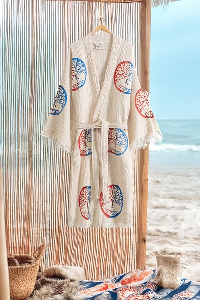 VAROL Organic 100% Cotton Kimono Collar Sabalık Bathrobe Beach Dress - Dualis - L/XL