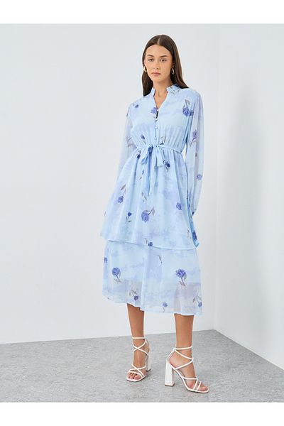 Styli Light Blue Floral Layered Midi Dress