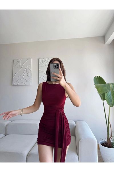 Zoom Butik Sandy Dress with Belt - Bordo