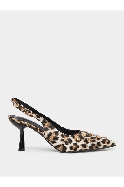 Styli Leopard Print Studded Kitten Heel Shoes