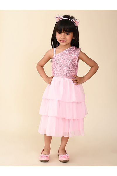 LilPicks By Styli Sequin Detail One Shoulder Neck Layered Dress