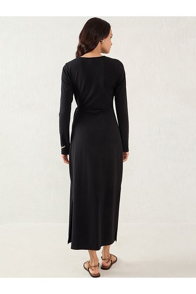 Femmella By Styli Black Solid Knit Sheath Maxi Dress with Knot Detail