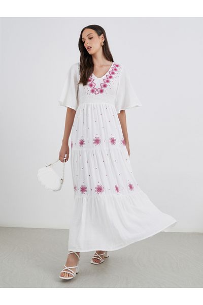 Styli Embroidered Bell Sleeves Tiered Maxi Dress