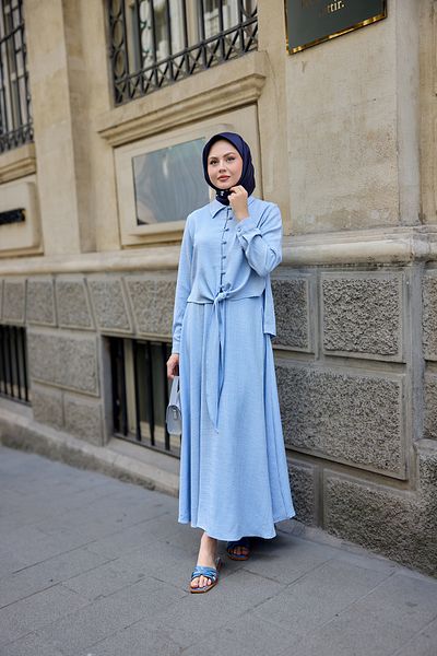 LOCCO Women's Shirt Tie Linen Suit Light Blue