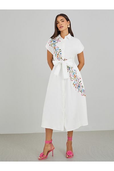 Styli Floral Print Spread Collar Shirt Midi Dress with Belt