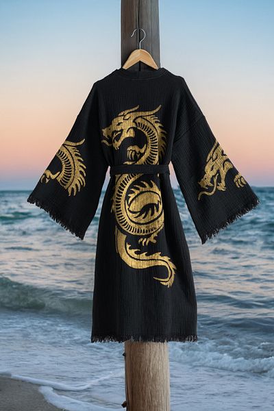 VAROL Organic 100% Cotton Kimono Collar Bathrobe Beach Dress - Viserion - Yellow - L/Xl