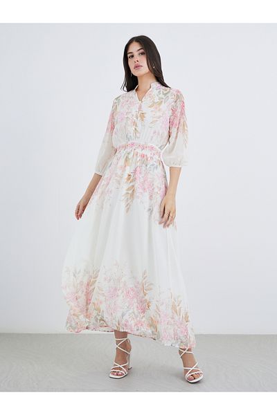 Styli Floral Print Cuffed Sleeves A-Line Maxi Dress