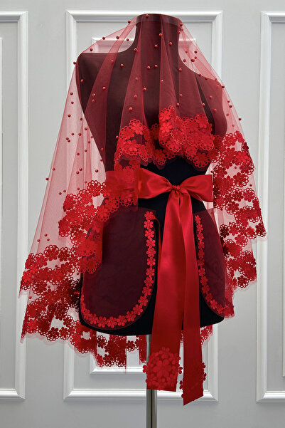 ZEYMERADE طقم ستارة العروس الحمراء، زهرة ثلاثية الأبعاد ولؤلؤ، طقم ستارة ليلة...