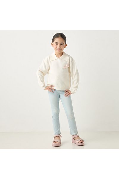 Juniors Heart Applique Sweater with Collared Neckline and Long Sleeves