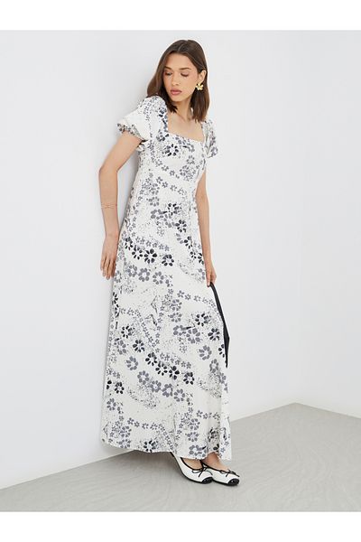 Styli Floral Print Puff Sleeves A-Line Maxi Dress with Smocked Back