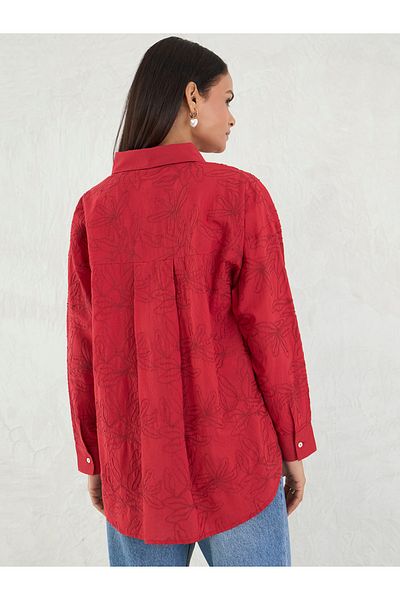 Femmella By Styli Red Embroidered Cotton Longline Shirt
