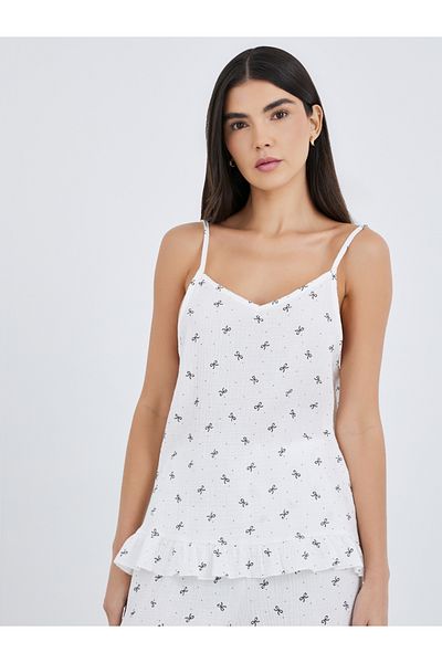 Styli All-Over Bow Print Cotton Gauze Ruffle Hem Cami and Pyjama Set