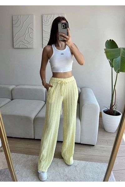 Zoom Butik Ribbed High Waist Trousers - Yellow