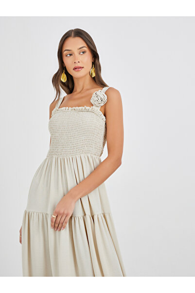 Styli Plain Smocked Tiered Maxi Dress with Corsage Detail