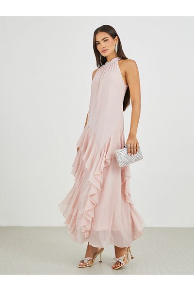 Styli Solid Halter Neck Ruffled Tiered Maxi Dress