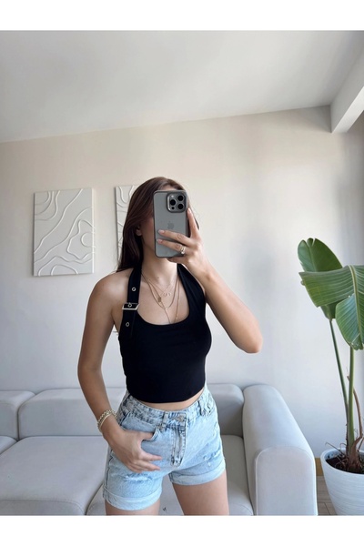 Zoom Butik Boyun Kemerli Crop - SİYAH