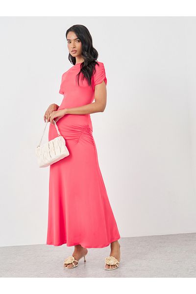 Styli Solid Short Sleeve Maxi Dress with Gathered Detail