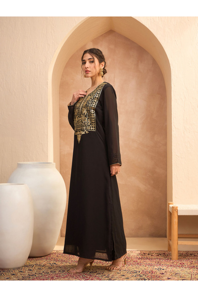 Sassafras By Styli Women Black Embellished Round Neck Abaya Dress