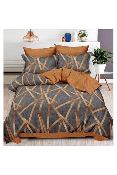OEM Double Bed Linen Set, 6 Pieces, 2 Persons, 180x200cm, Finet Satin, Geometric Print, Gray-Brown