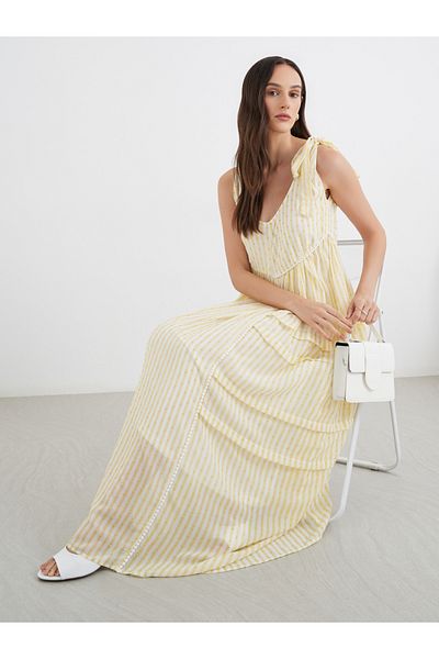 Styli Tie-Up Sleeve Dobby Striped Maxi Dress