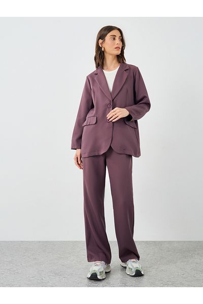 Styli Solid Notch Label Blazer and Wide Leg Pants Co-Ords