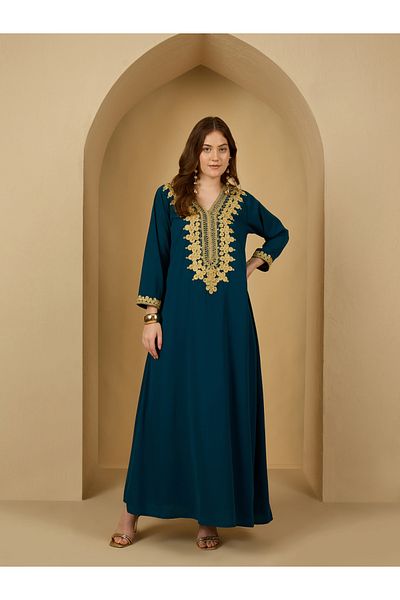 Styli Embellished Lace Detail V Neck Jalabiya
