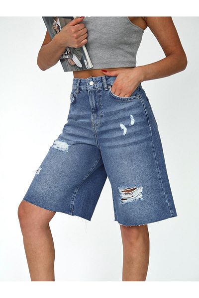 Zeo Basic Pantaloni scurți Bermuda lungi pentru damă, cu detaliu rupt, lungime midi, albastru închis