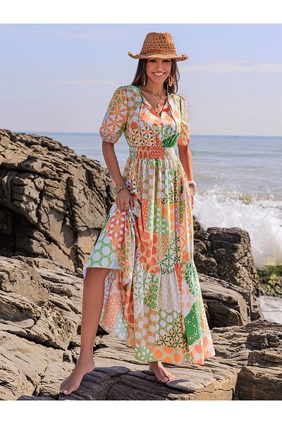 Russty Dustty By Styli All Over Print Tiered Maxi Dress with Tie-up Neck