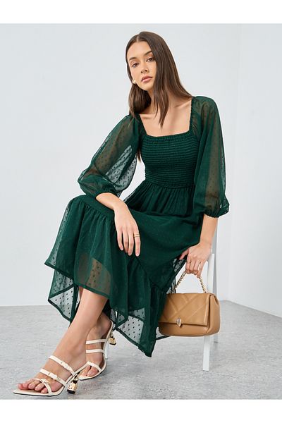 Styli Swiss Dobby Square Neck Midi Dress