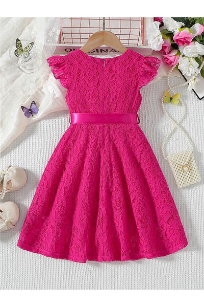 Take Two By Styli Lace Round Neck Bow Detail Ruffle Hem Knee Length Dress