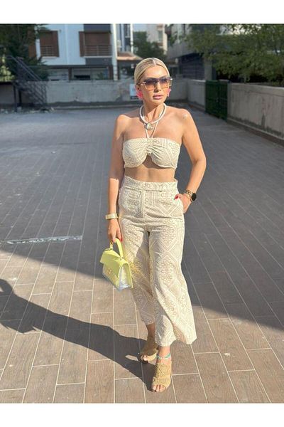 Kokoşum Butik 005411 Patterned Halter Neck Bustier Trousers Suit Natural