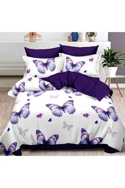 OEM Double Bed Linen, 6 Pieces, 2 Persons, 180x200cm, Finet Satin, Butterfly Print, White-Purple