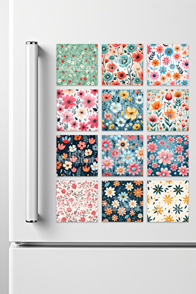 giftkonsept Renkli Çiçekler Pastel Baskılı Dekoratif Buzdolabı Süsü 12'li Magnet