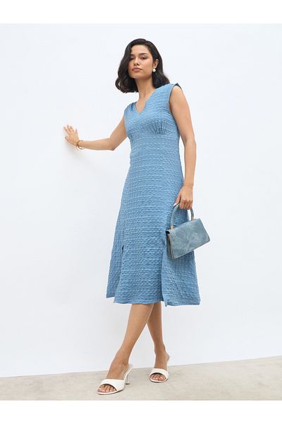 Styli Women Self Design V Neck A-Line Midi Dress with Slit Detail