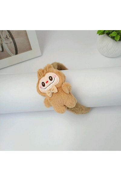 REBORN DESIGN Brown Color Feathered Plush Crown with Labubu Figured Bow Tie Detail
