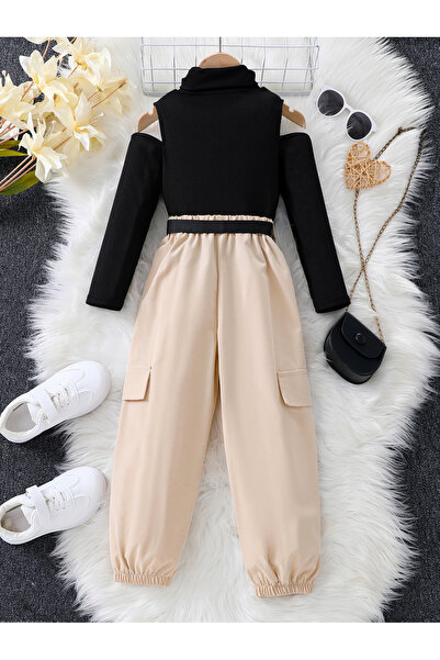 Take Two By Styli Girls Beige Cold Shoulder Top and Belted Joggers Set