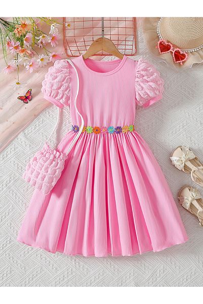 Take Two By Styli Girls Pink Solid Puff Sleeves A-Line Dress with Crossbody Bag
