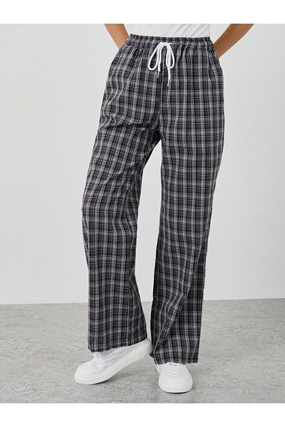 Styli Checked Print Wide Leg Pants with Drawstring