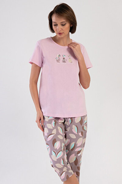 VİENETTA Pamuklu Kadın Büyük Beden Kısa Kol Kaprili Pijama Takım