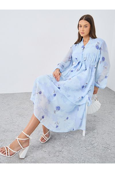 Styli Light Blue Floral Layered Midi Dress