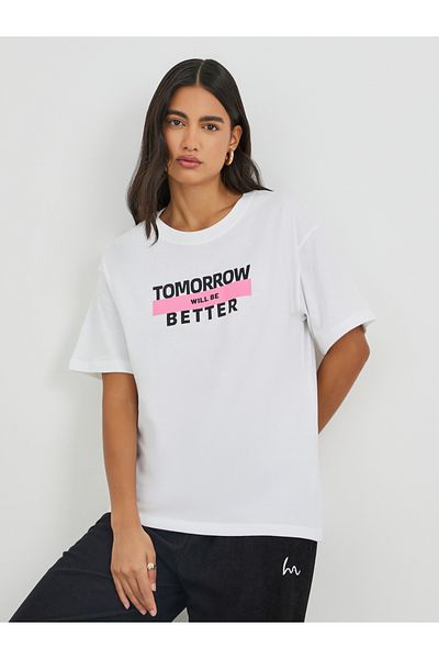 Styli Slogan Print Oversized Round Neck T-Shirt