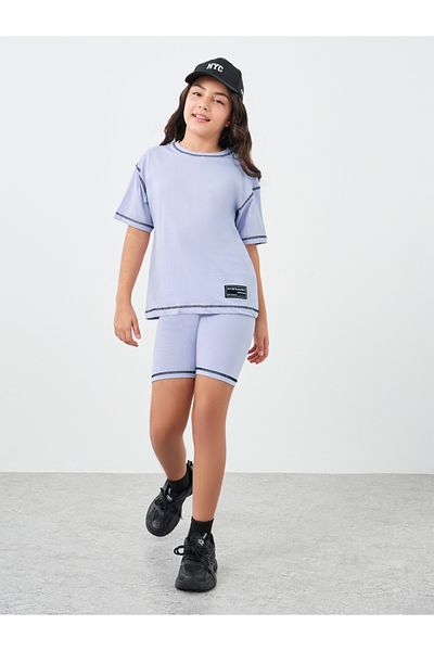 Styli Girls Lilac Contrast Stitch Detail Oversized T-Shirt and Shorts Set