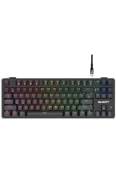 majesty لوحة مفاتيح ألعاب ميكانيكية بـ 87 مفتاحًا، RGB، TKL، مفتاح Outemu أحمر، إضاءة باللغتين الإنجليزية والعربية