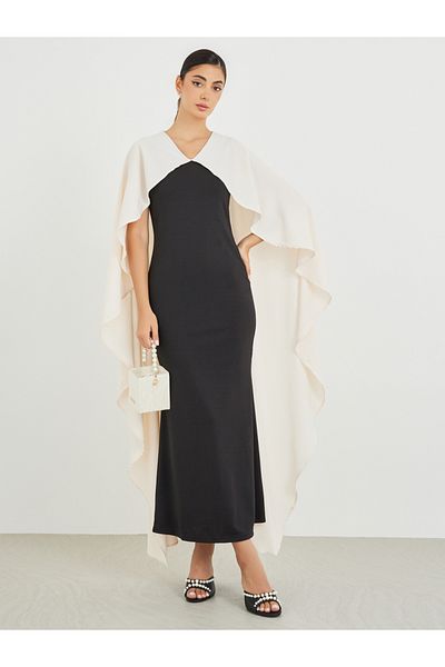 Styli Color Block Ruffled Cape Sleeve Maxi Dress