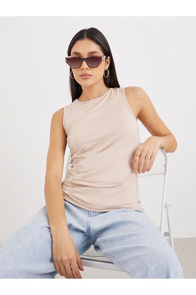 Styli Sleeveless Ruched Detail Round Neck Knit Top