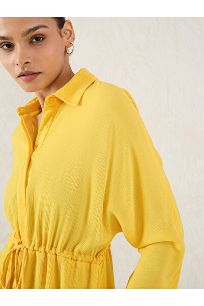 Femmella By Styli Yellow Crinkled Collared A-Line Maxi Dress with Drawstring Waist