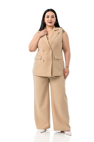 DISENTIS MODEST Plus Size Plated Buttoned Vest Trousers Mink Double Suit