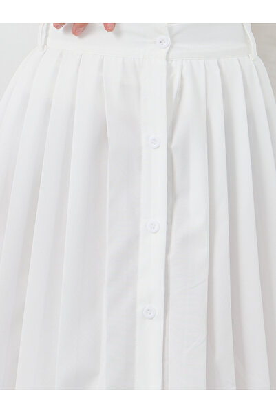 Styli Solid Pleated A-Line Midi Skirt with Button Front