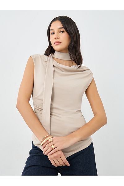 Styli Beige Front Draped Sleeveless Top