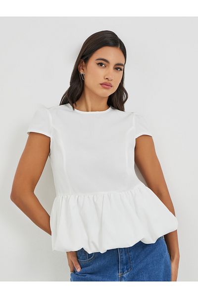 Styli Balloon Hem Short Sleeve Blouse